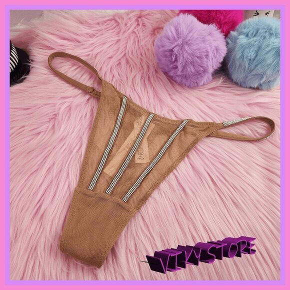 💖 NWT Victoria’s Secret Lame Mesh Nude Rhinestones Tanga M #7265 💖 - Picture 1 of 7
